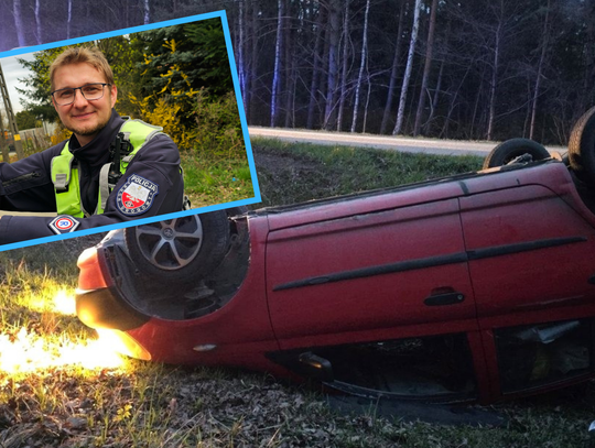 Dachowanie między Zawadzkiem a Wierchlesiem. Policjant pomógł kierowcy Dachowanie między Zawadzkiem a Wierchlesiem. Policjant pomógł kierowcy