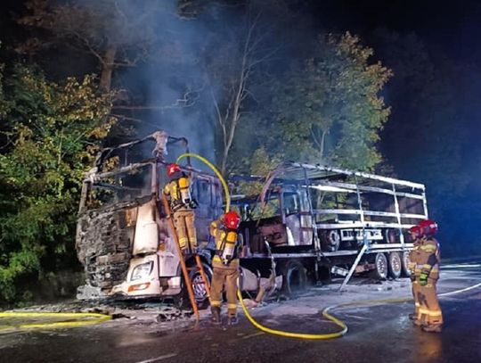 Groźny pożar ciężarówki na drodze krajowej nr 94. Pojazd spłonął doszczętnie