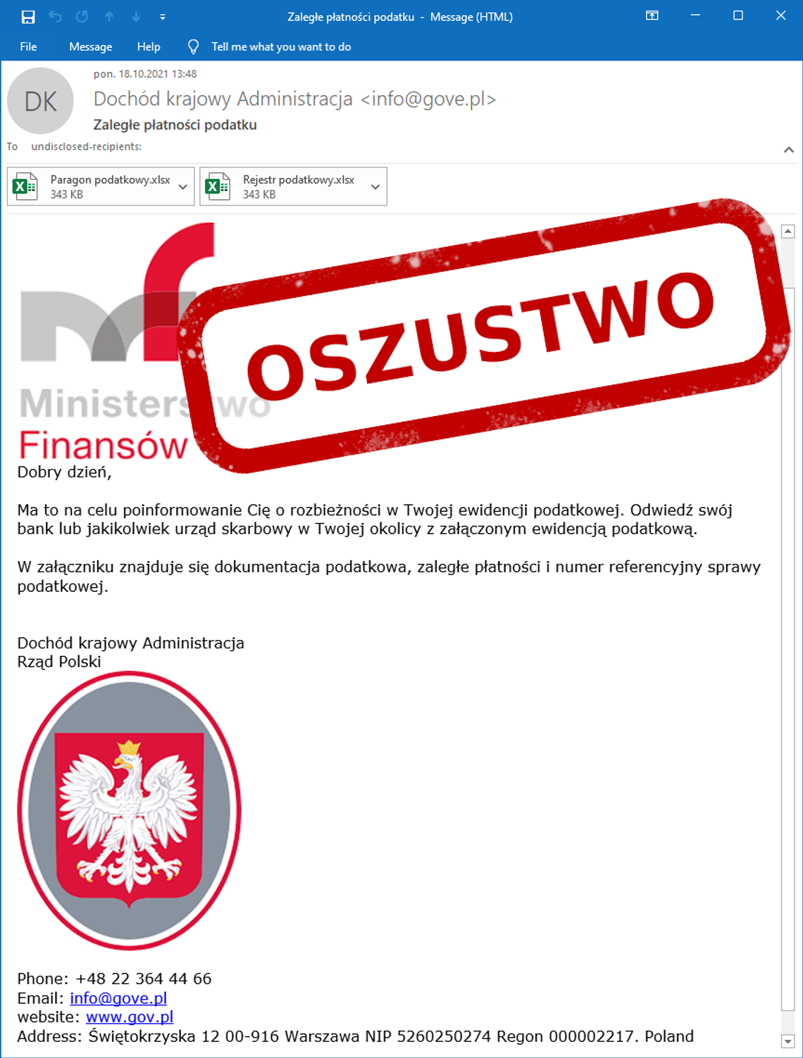 E-mail z informacją o rzekomej zaległości w płaceniu podatków? To oszustwo! 