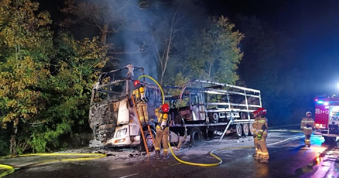 Groźny pożar ciężarówki na drodze krajowej nr 94. Pojazd spłonął doszczętnie