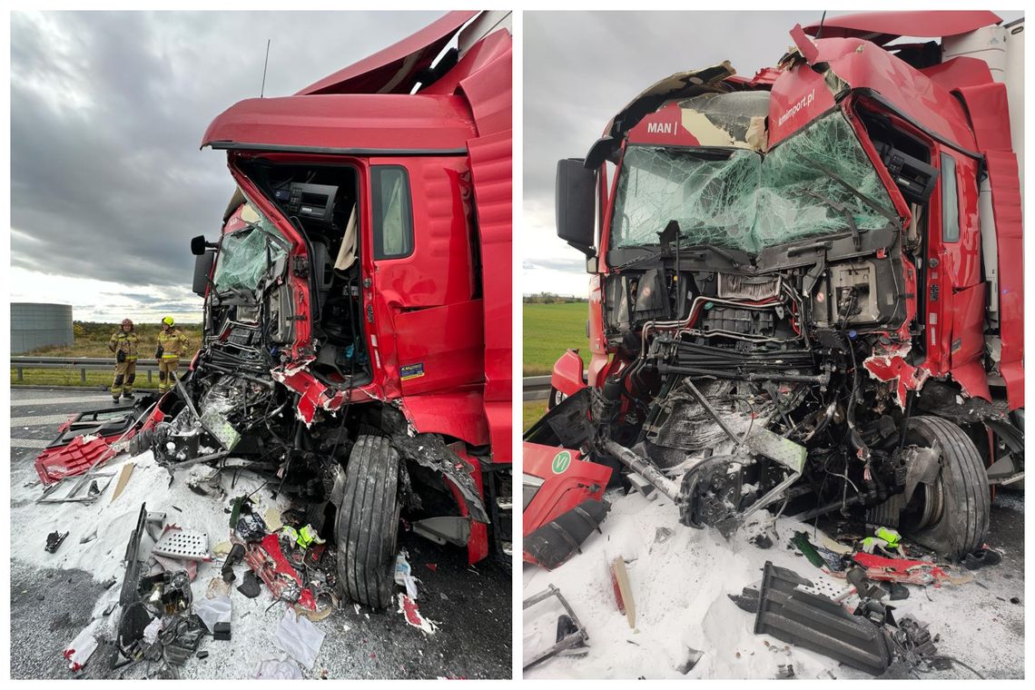 Zderzenie tirów na autostradzie A4. Jeden z kierowców był zakleszczony