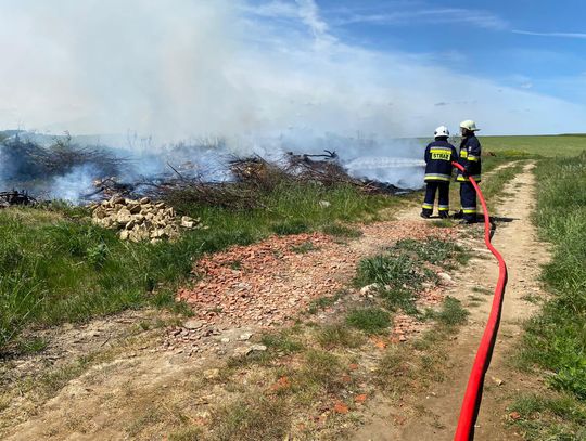 Pożar w miejscowości Dolna. Płonęły śmieci i opony rozrzucone na polu