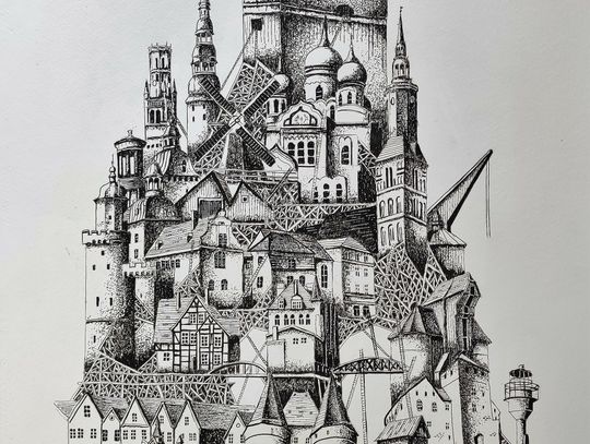 Konkursowa grafika Adama Michalika przedstawia architekturę miast Hanzy